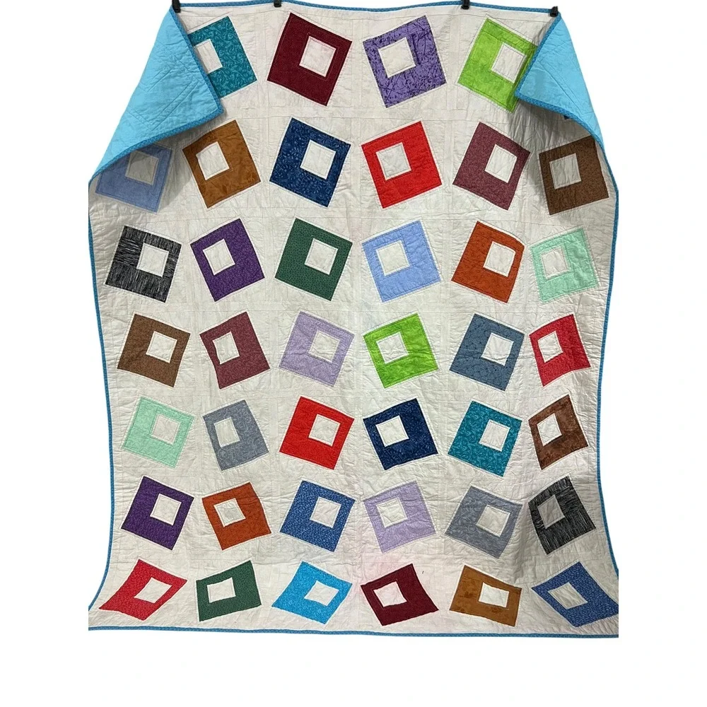 Handmade Patchwork Quilt 68x60 Colorful Geometric Twin Throw Topper Cottagecore